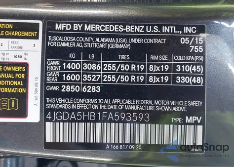 2015 Mercedes-Benz Ml 350 4Matic z USA, uszkodzony, nr VIN 4JGDA5HB1FA593593